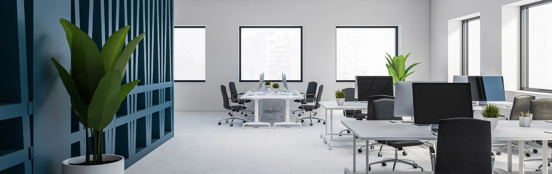 A completed office move showing desks with computers setup